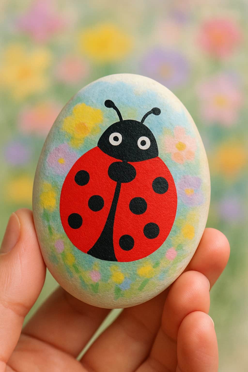 A hand holding a smooth river rock painted with a ladybug and abstract flower garden background.