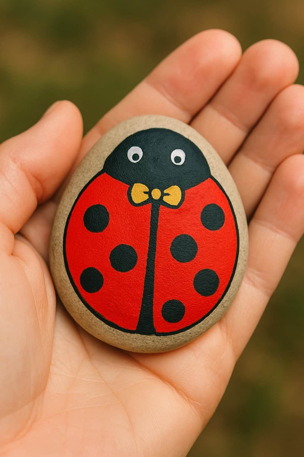 A hand holding a smooth river rock painted with a ladybug wearing a small bow tie.