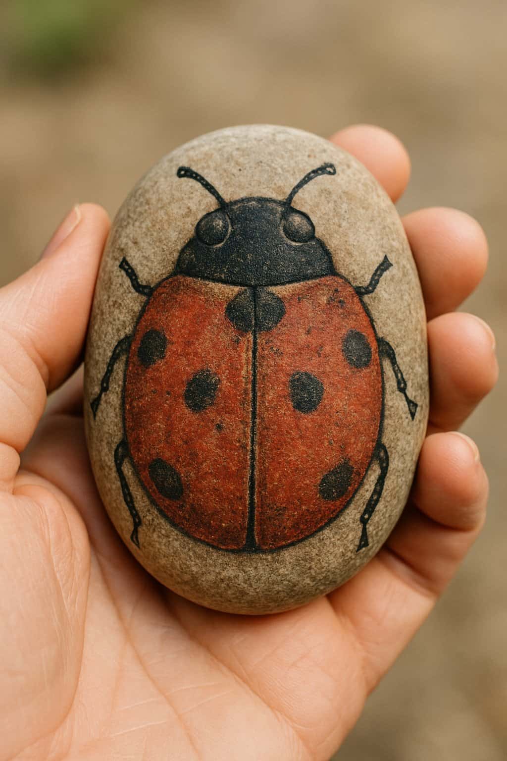 A hand holding a smooth river rock painted with a weathered ladybug design.