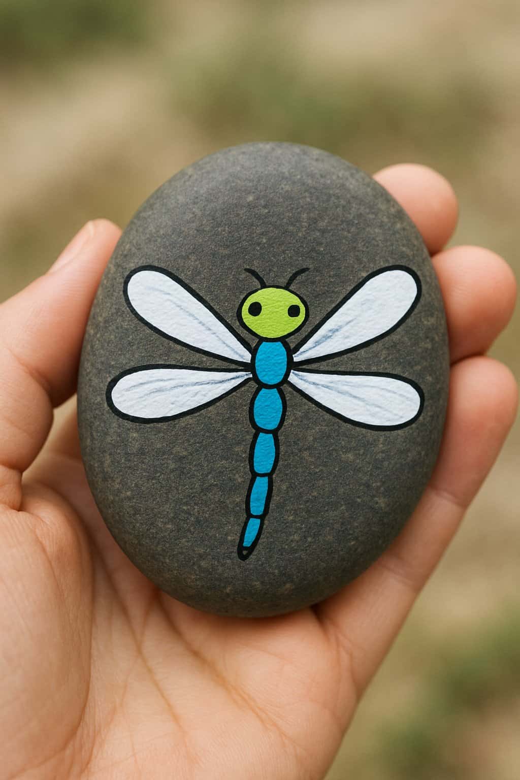 A hand holding a smooth river rock painted with a colorful dragonfly design.