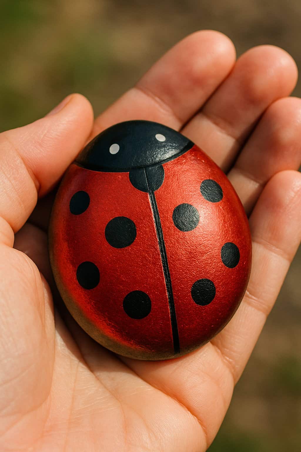 A hand holding a smooth river rock painted with a red ladybug design.