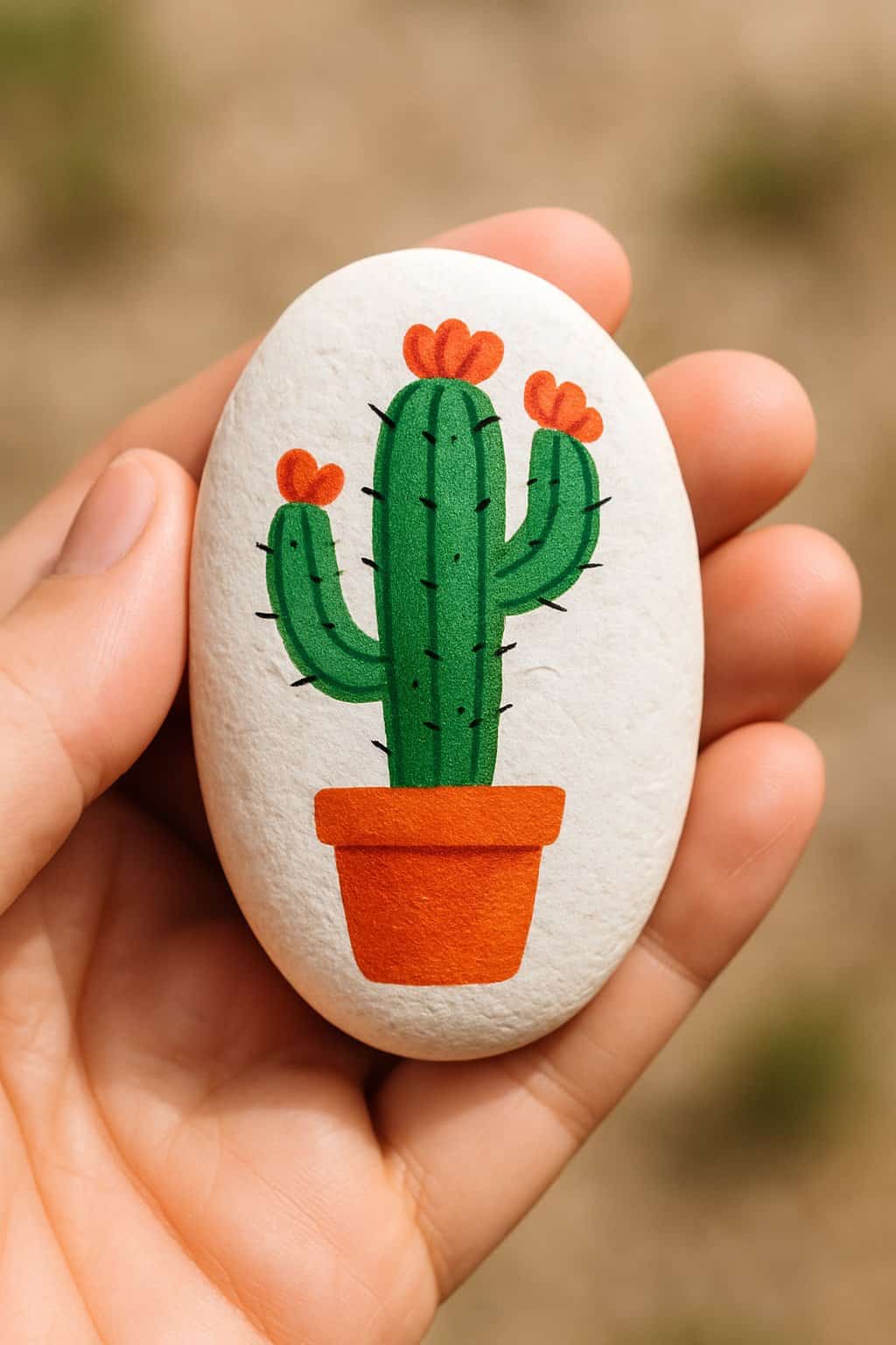 A hand holding a smooth river rock painted with a white base and a small cactus design.
