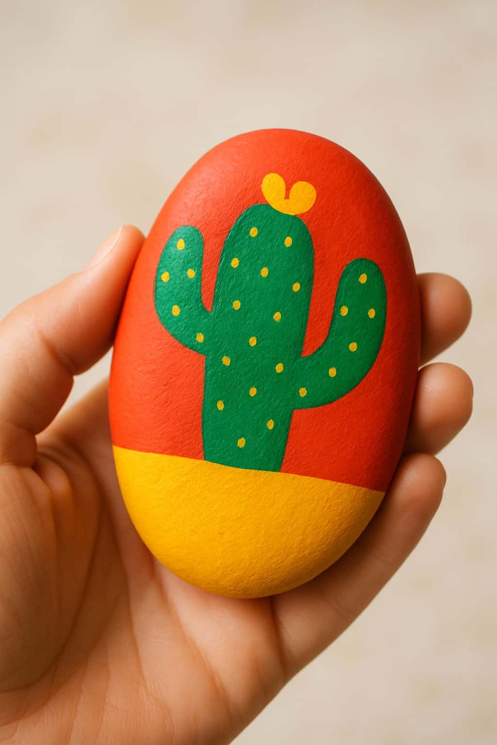 A hand holding a smooth river rock painted with a colorful cactus design.