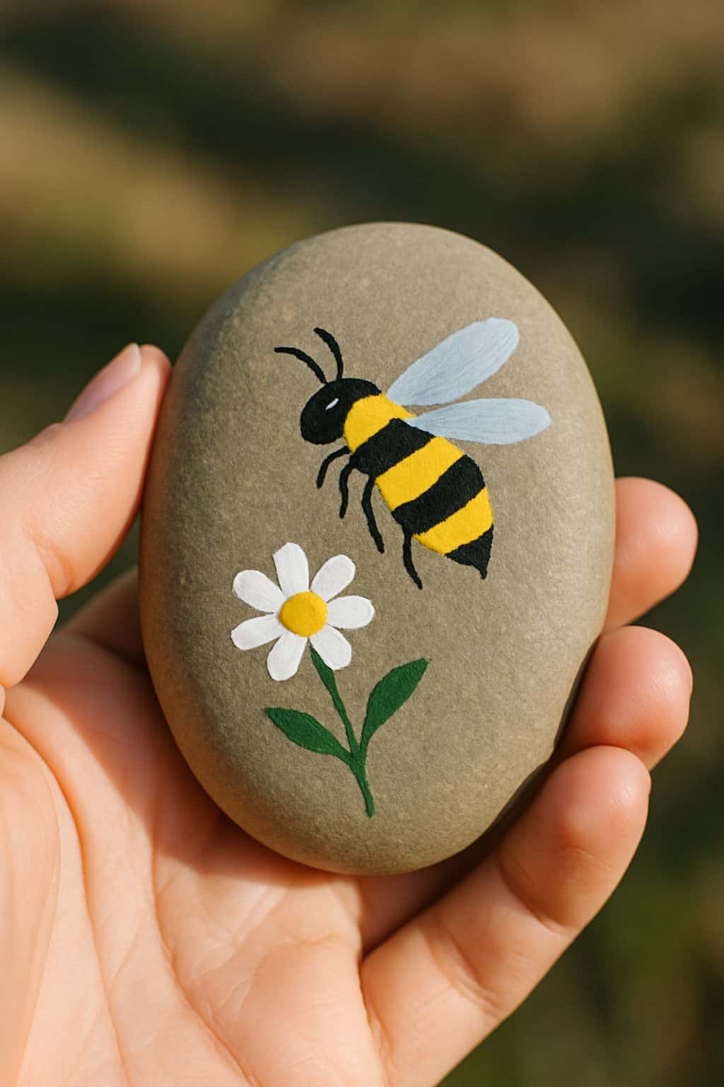 A hand holding a smooth river rock painted with a bee hovering over a flower.