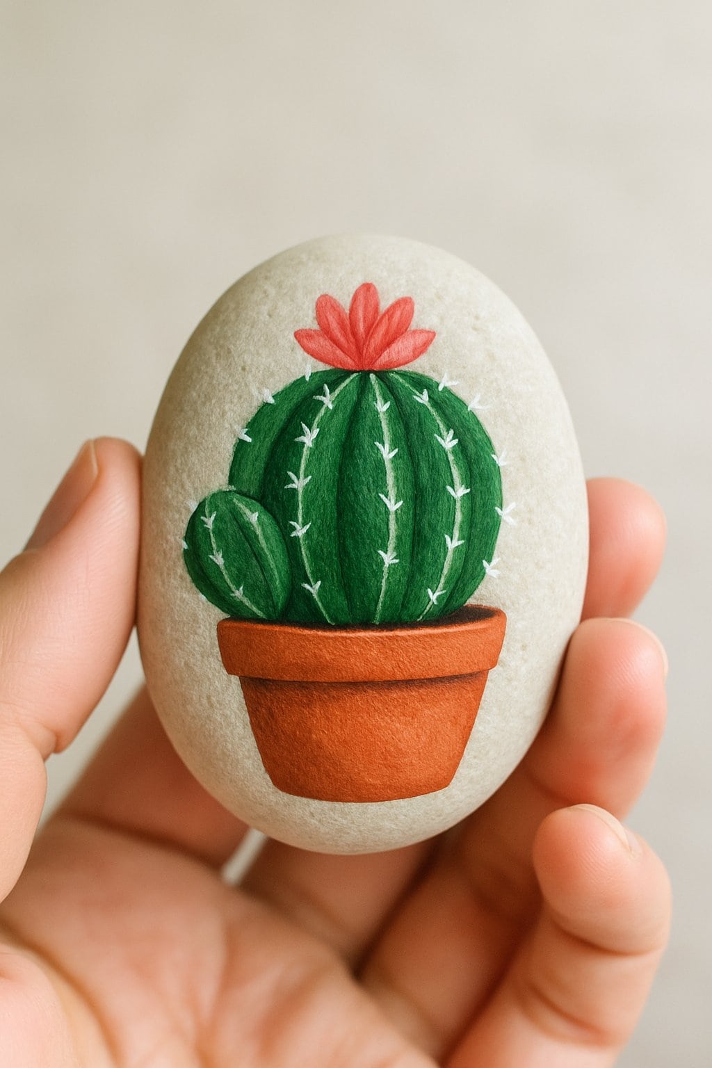 A hand holding a smooth river rock painted with a simple cactus design.
