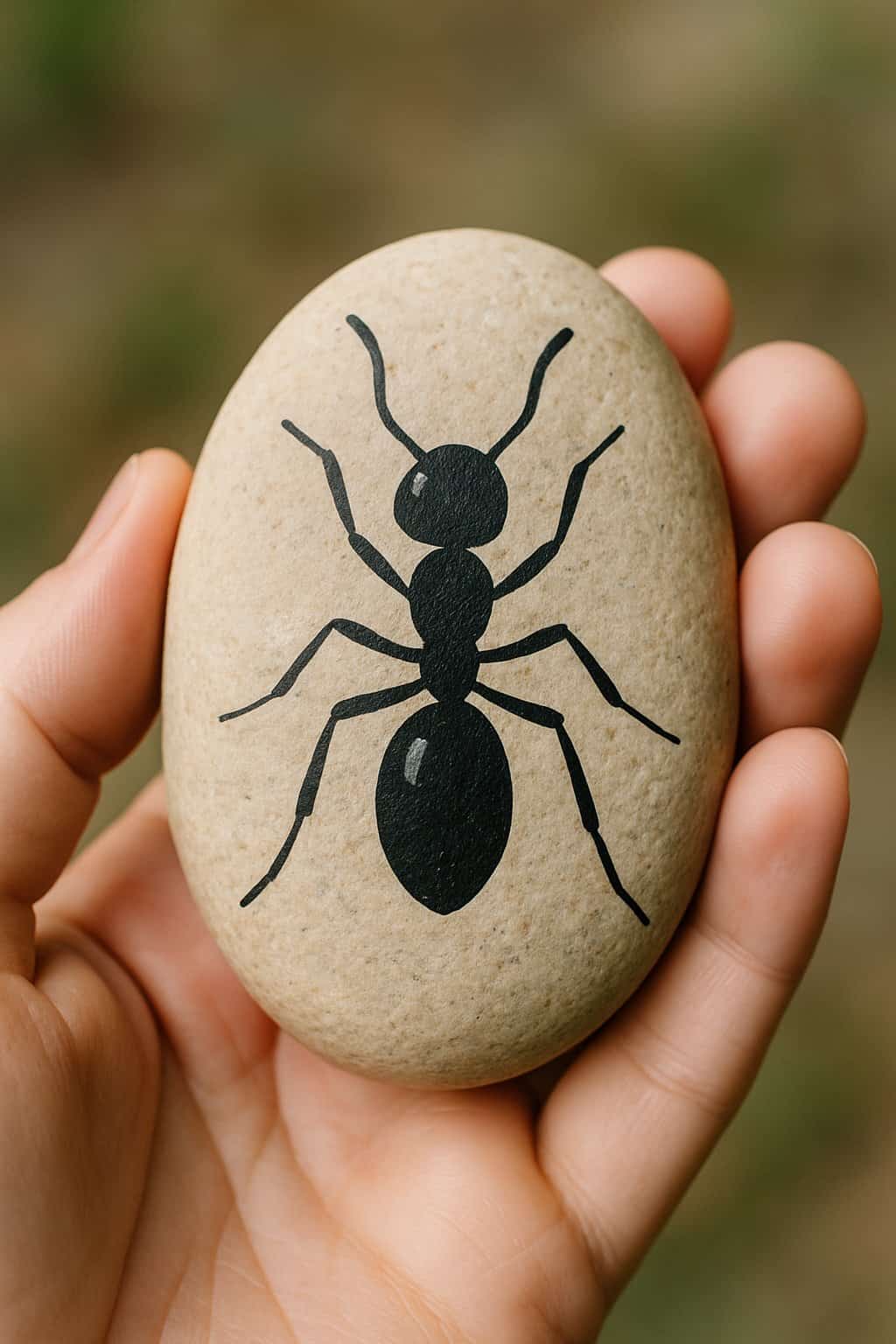 A hand holding a smooth river rock painted with a simple black ant design.