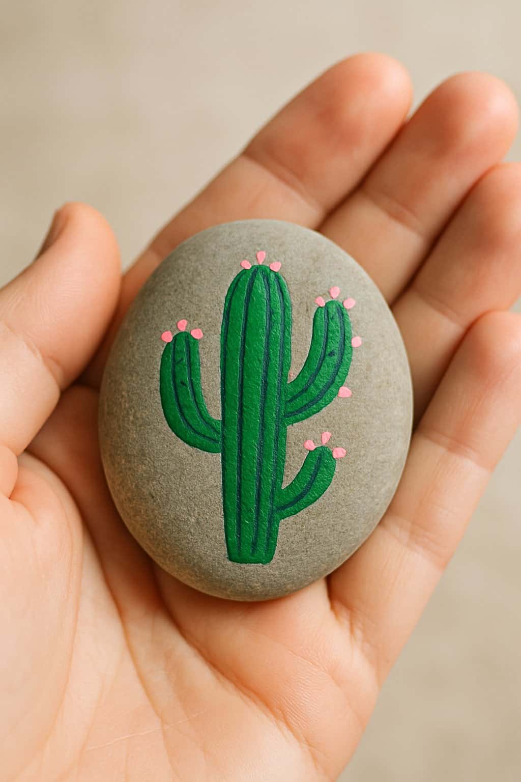 A hand holding a smooth river rock painted with a cactus design decorated with small pink dots.
