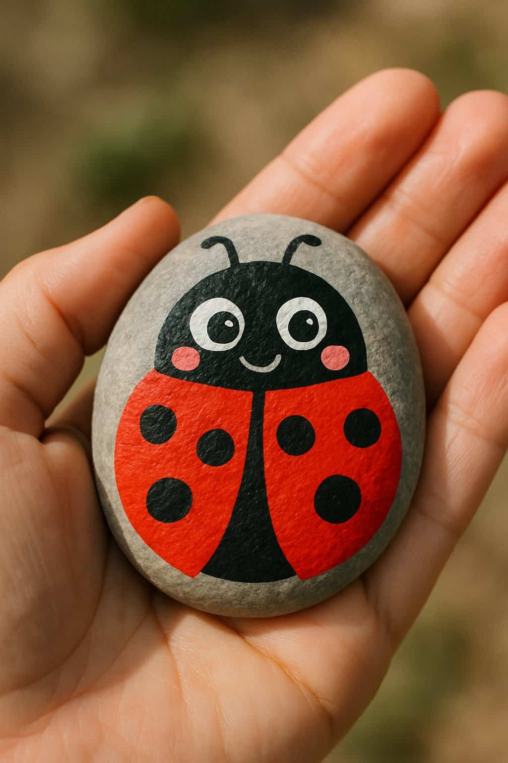 A hand holding a smooth river rock painted with a ladybug featuring pink cheeks and playful eyes.