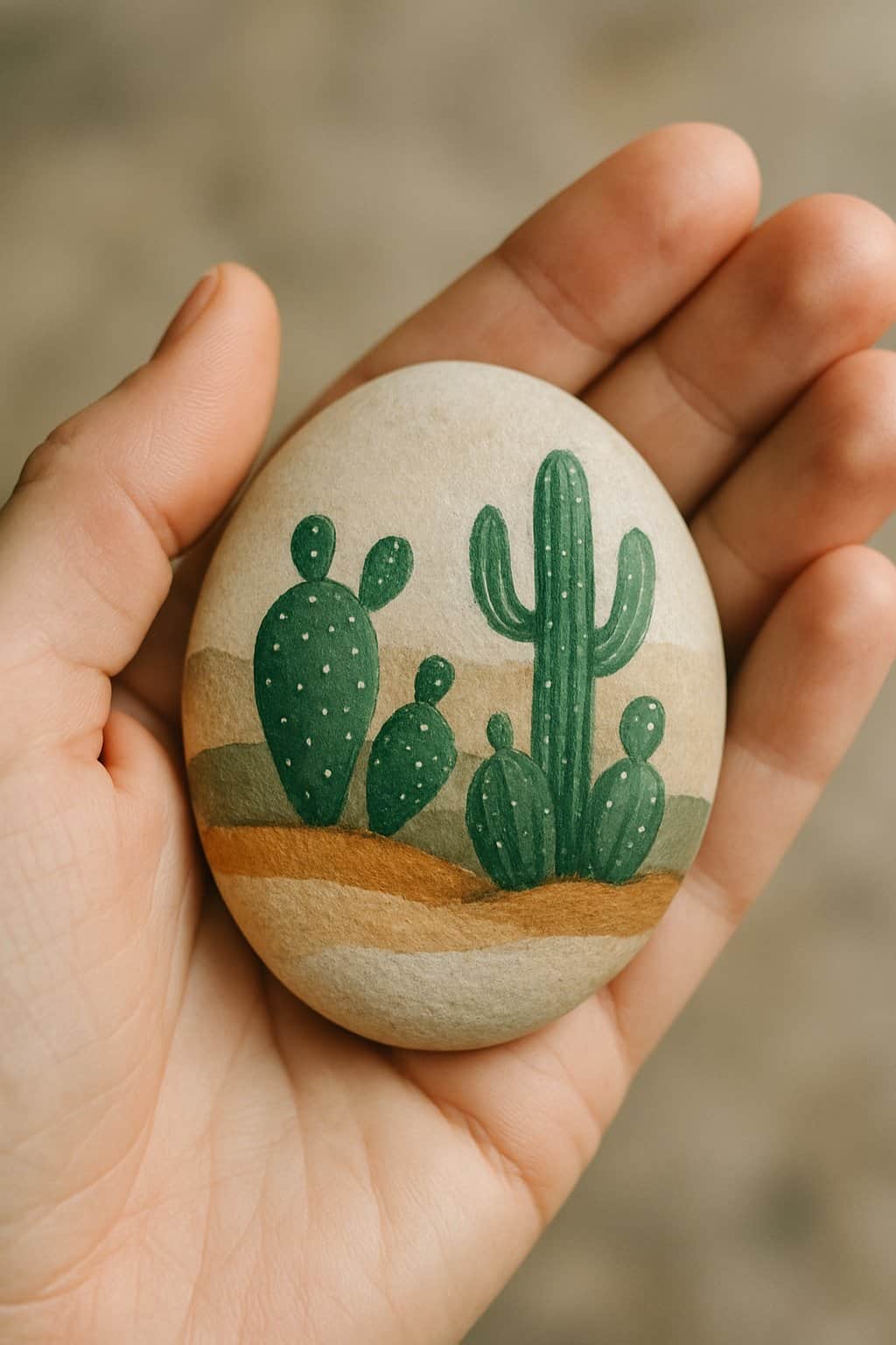 A hand holding a smooth painted river rock with a simple cactus design.