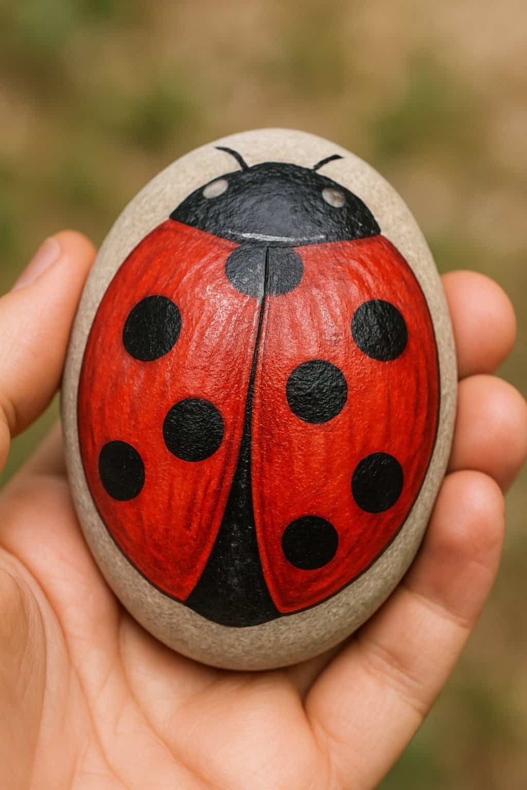 A hand holding a smooth river rock painted with detailed ladybug wings.