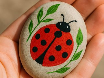 A hand holds a smooth stone painted with a red ladybug featuring black spots, surrounded by green leaves, against a blurred neutral background.