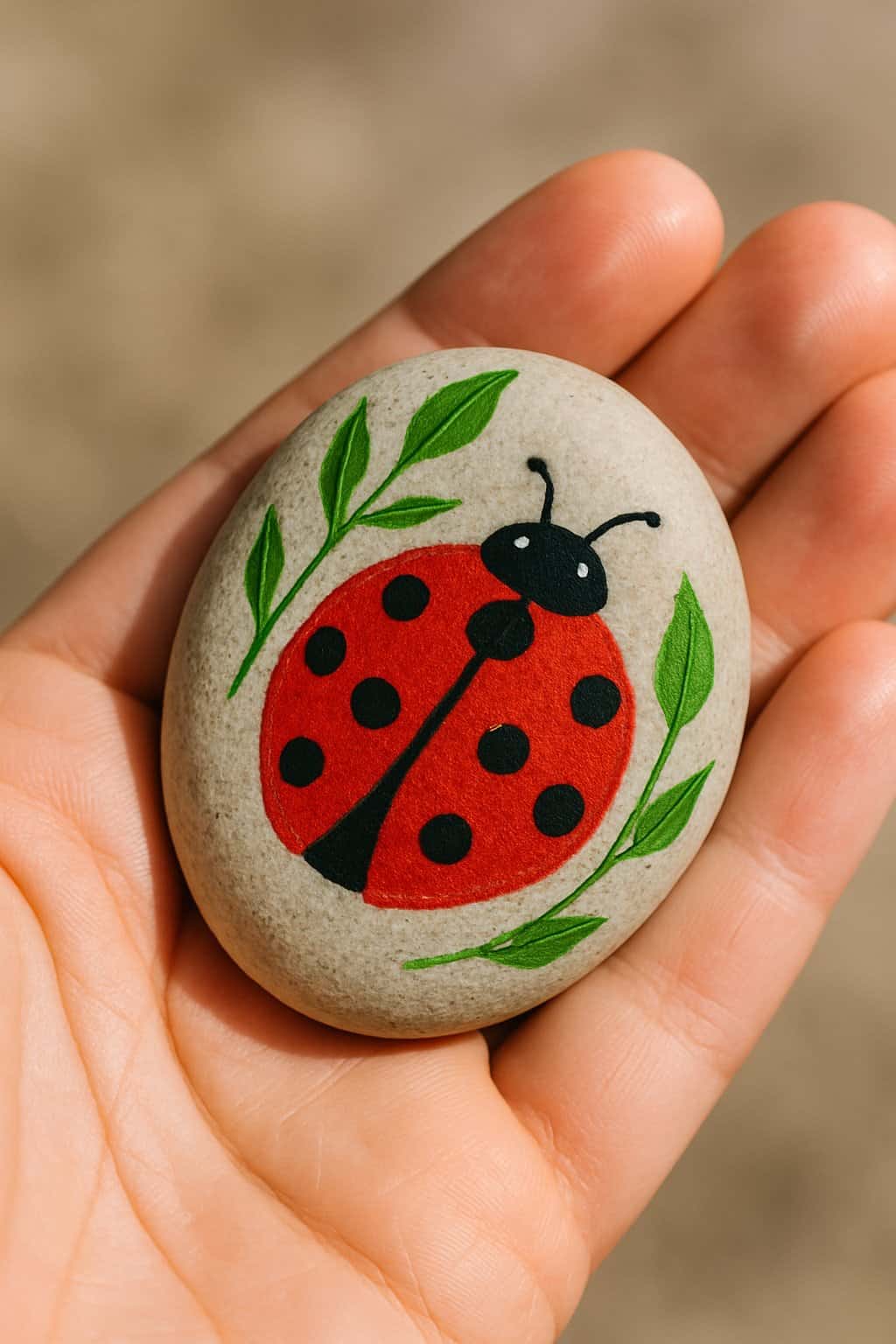 A hand holding a smooth river rock painted with a red ladybug and green leaf veins.
