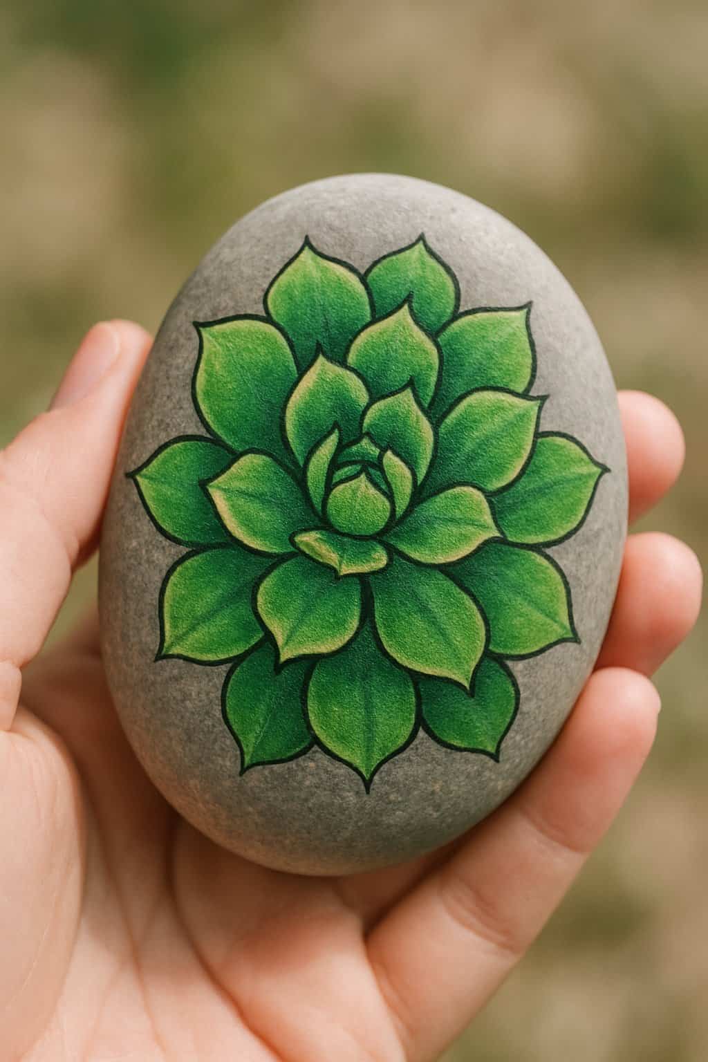 A hand holding a smooth river rock painted with a green succulent design.