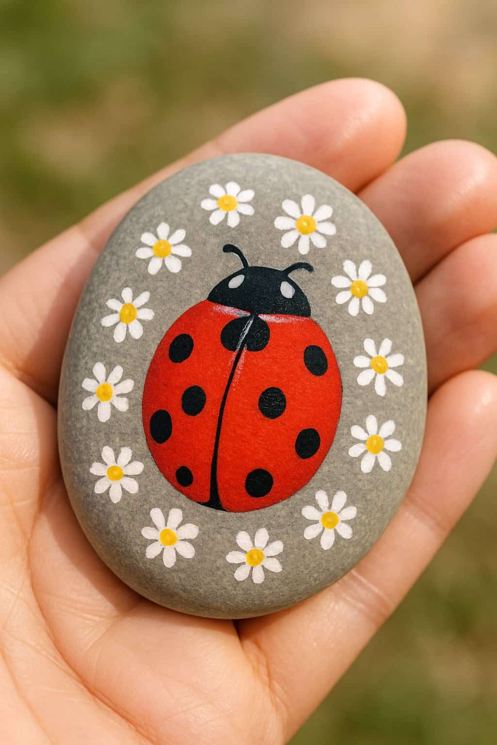 A hand holding a smooth river rock painted with a red ladybug surrounded by small white daisies.