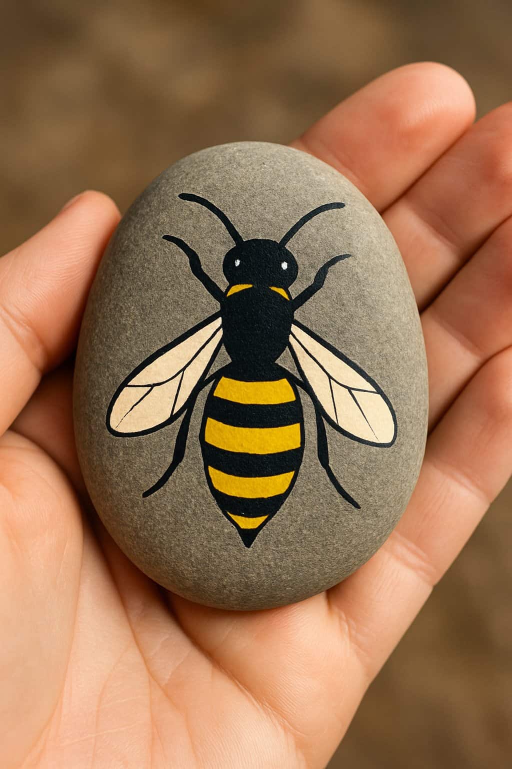 A hand holding a smooth river rock painted with a yellow and black striped hornet design.