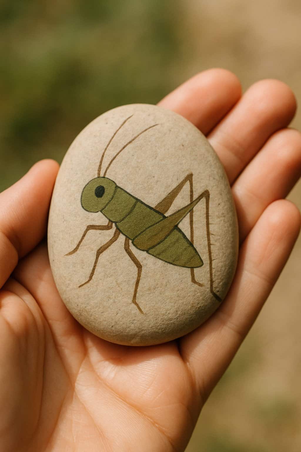 A hand holding a smooth river rock painted with a simple cricket design with jumping legs.