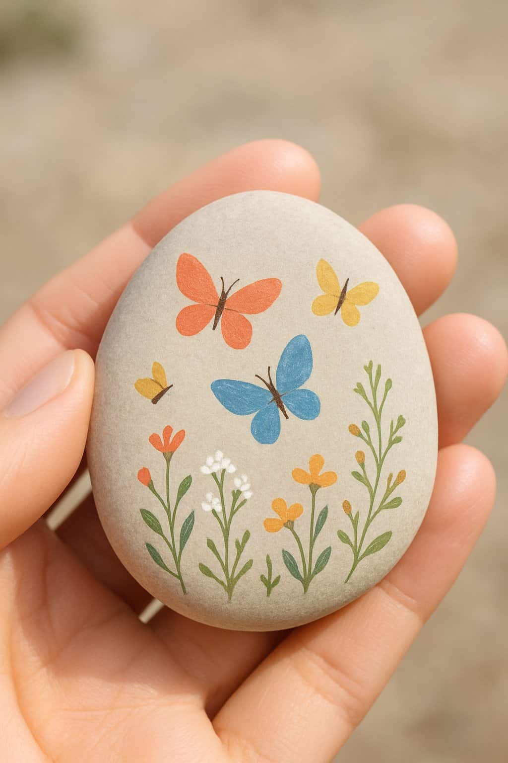 A hand holding a smooth river rock painted with a butterfly and flower design.