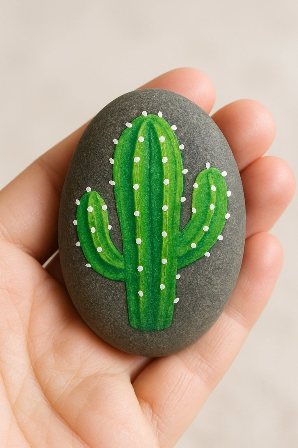 A hand holding a smooth river rock painted with a simple cactus design highlighted with white dots.