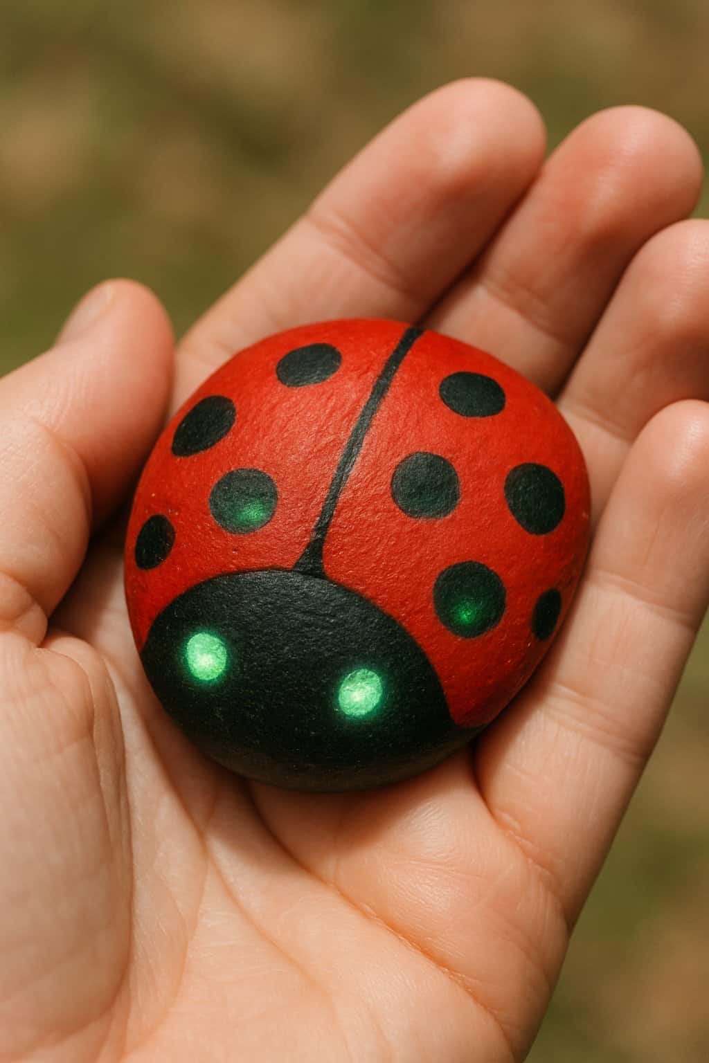 A hand holding a smooth river rock painted like a ladybug with glowing spots.