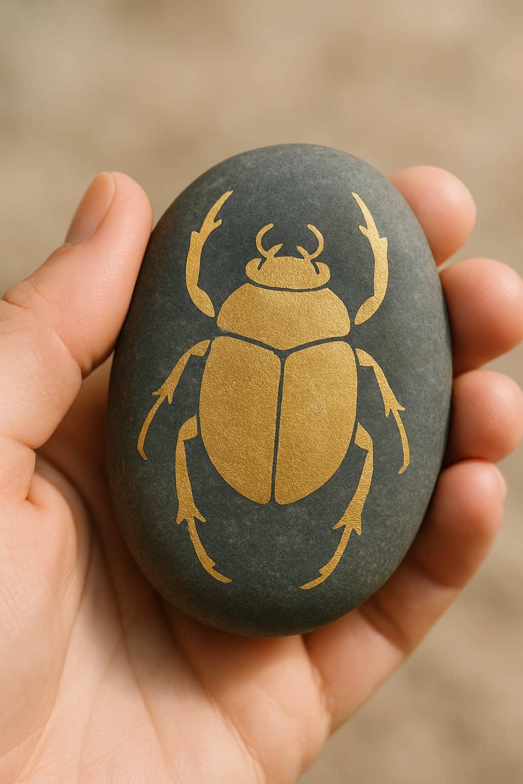 A hand holding a smooth river rock painted with a gold scarab beetle design.