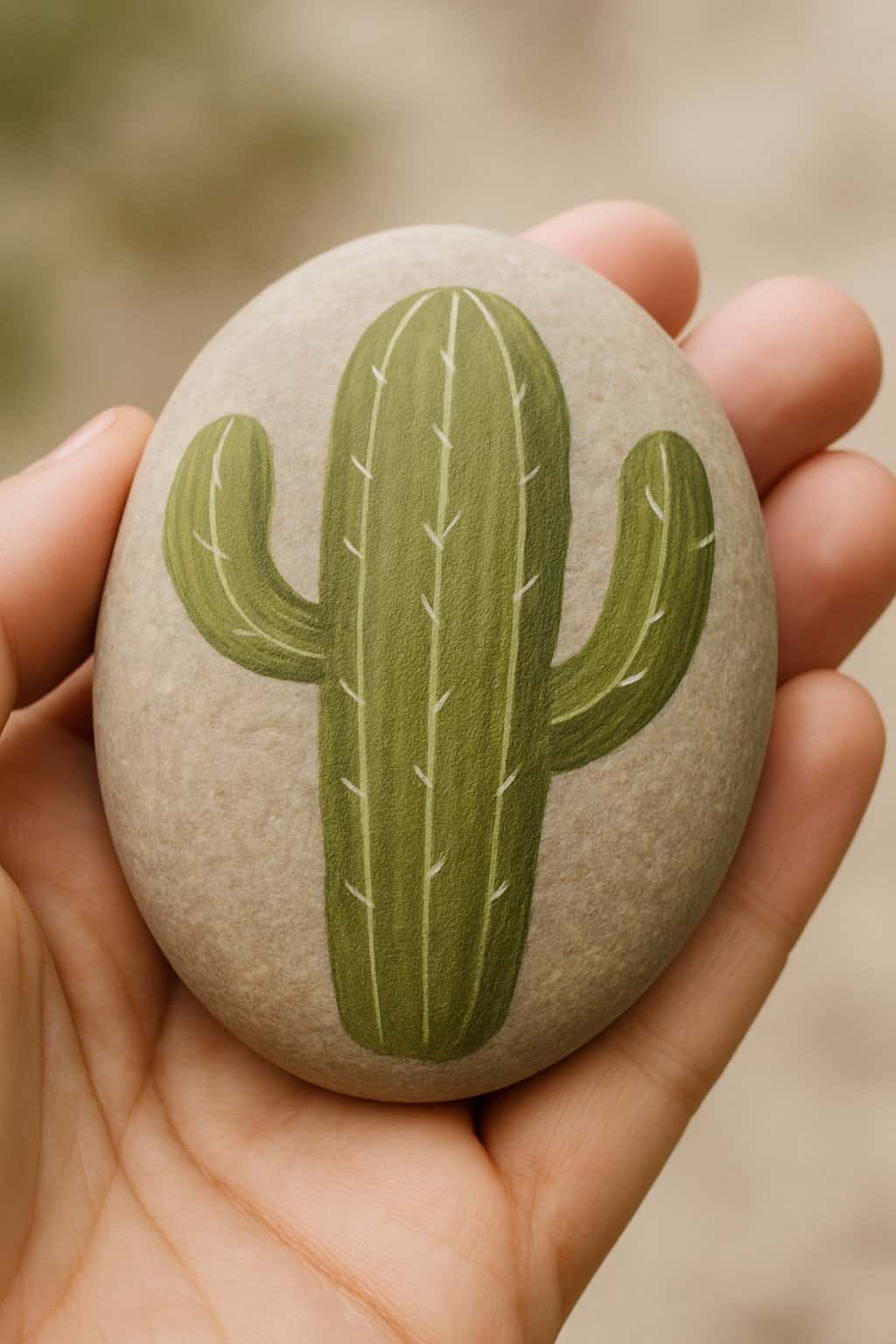 A hand holding a smooth river rock painted with a simple cactus design in olive green.