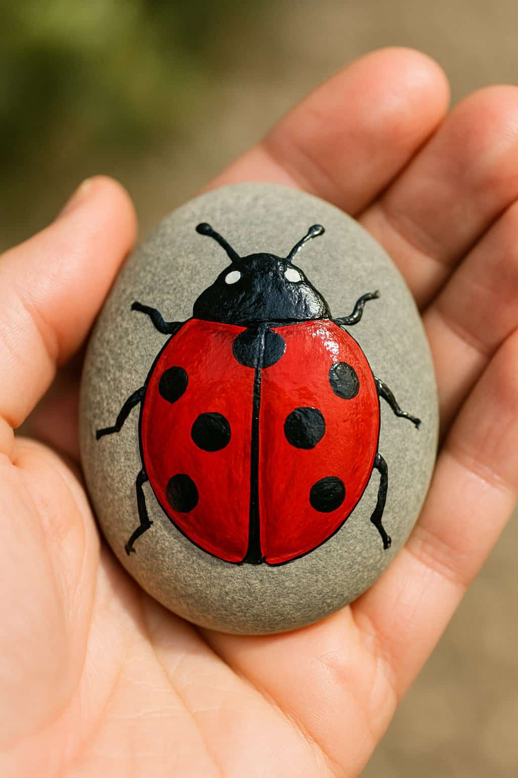 A hand holding a smooth river rock painted with a red and black ladybird beetle design.