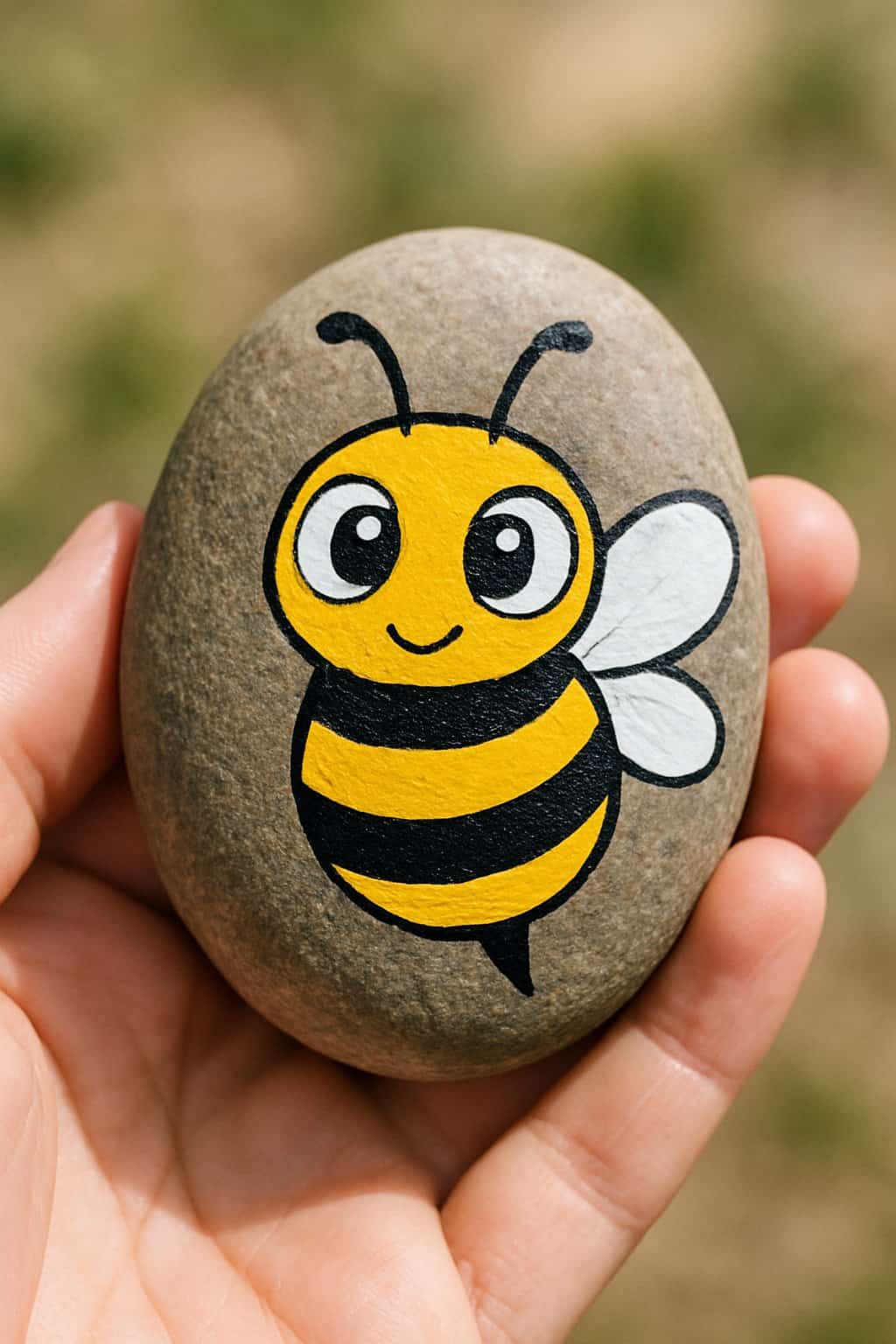 A hand holding a smooth river rock painted with a cute bee design.