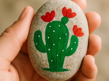 A hand holds a smooth oval stone painted with a green cactus and red flowers, featuring white dots on the cactus, against a blurred background.