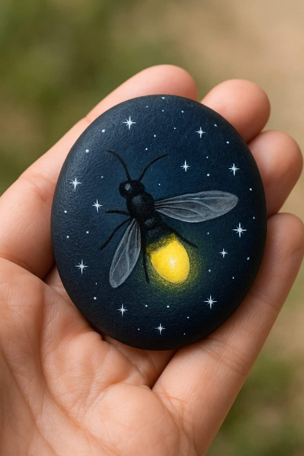 A hand holding a smooth painted river rock featuring a firefly against a night sky background.