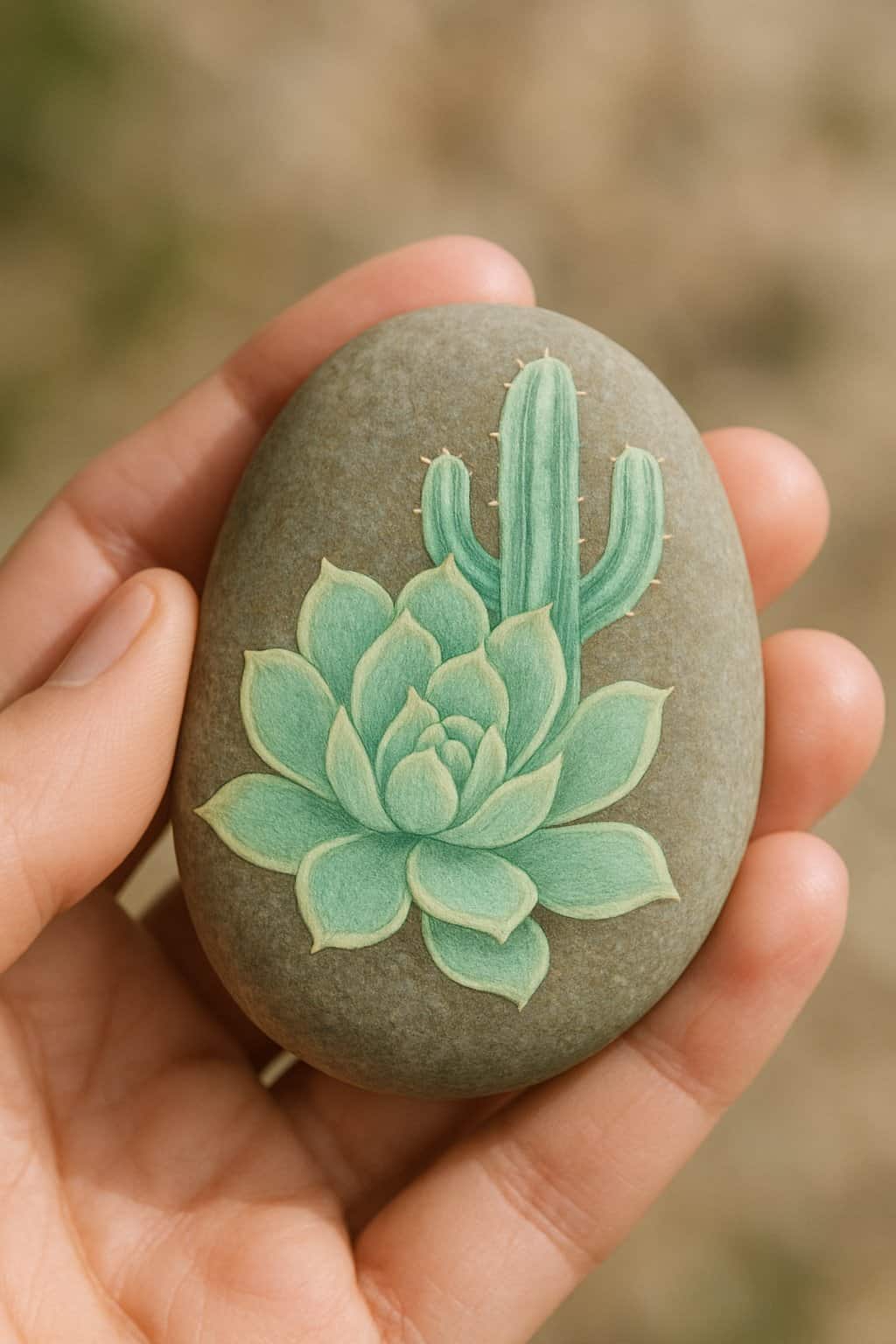 A hand holding a smooth river rock painted with a green succulent and cactus design.