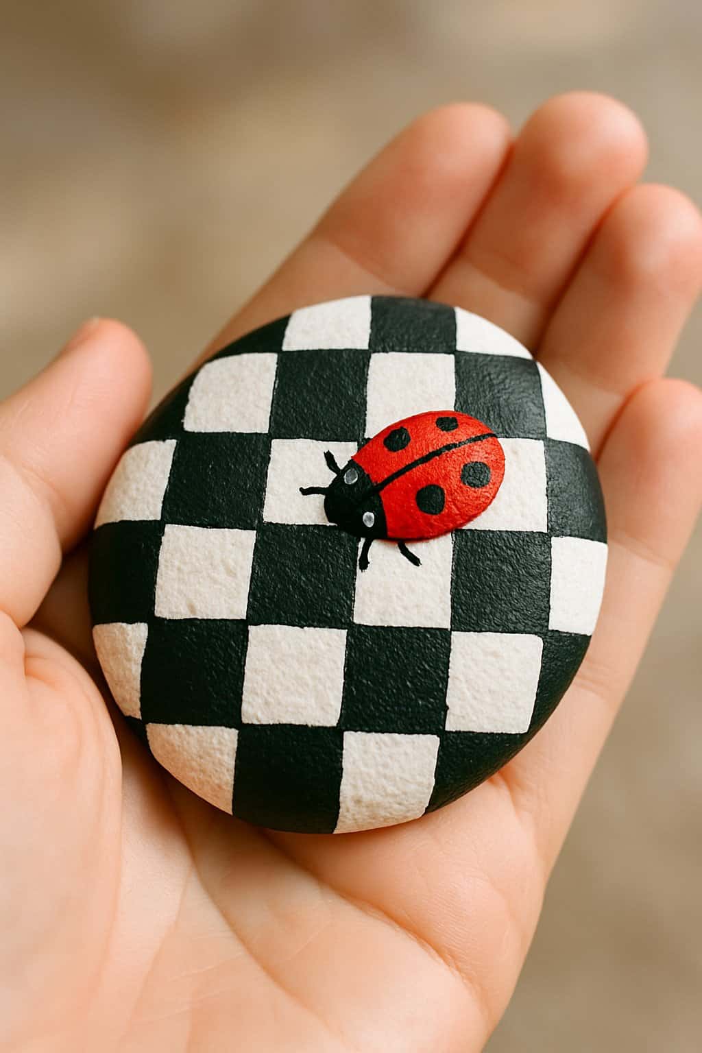 A hand holding a smooth river rock painted with a black and white checkerboard pattern and a small red ladybug on top.