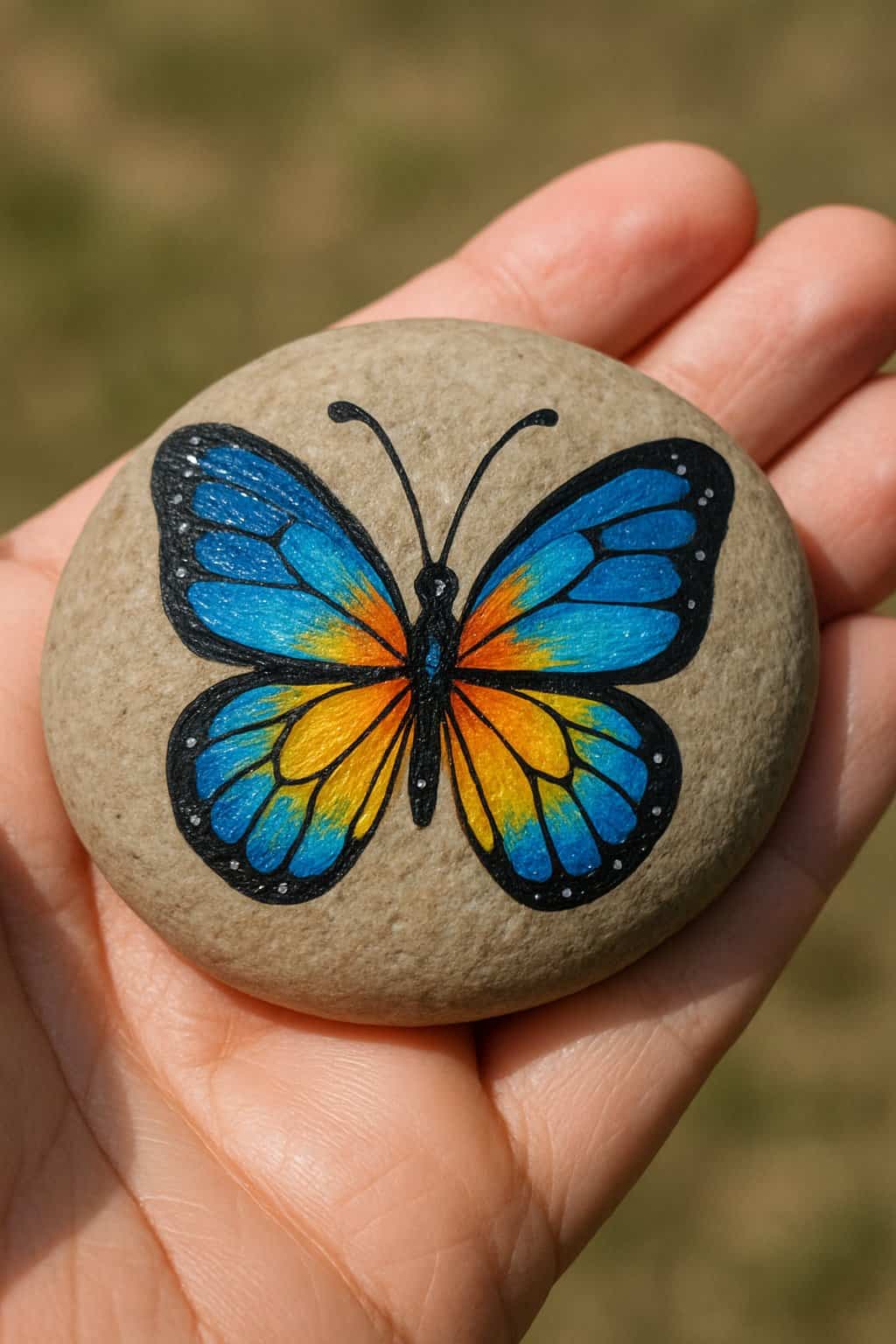 A hand holding a smooth river rock painted with a colorful butterfly design.