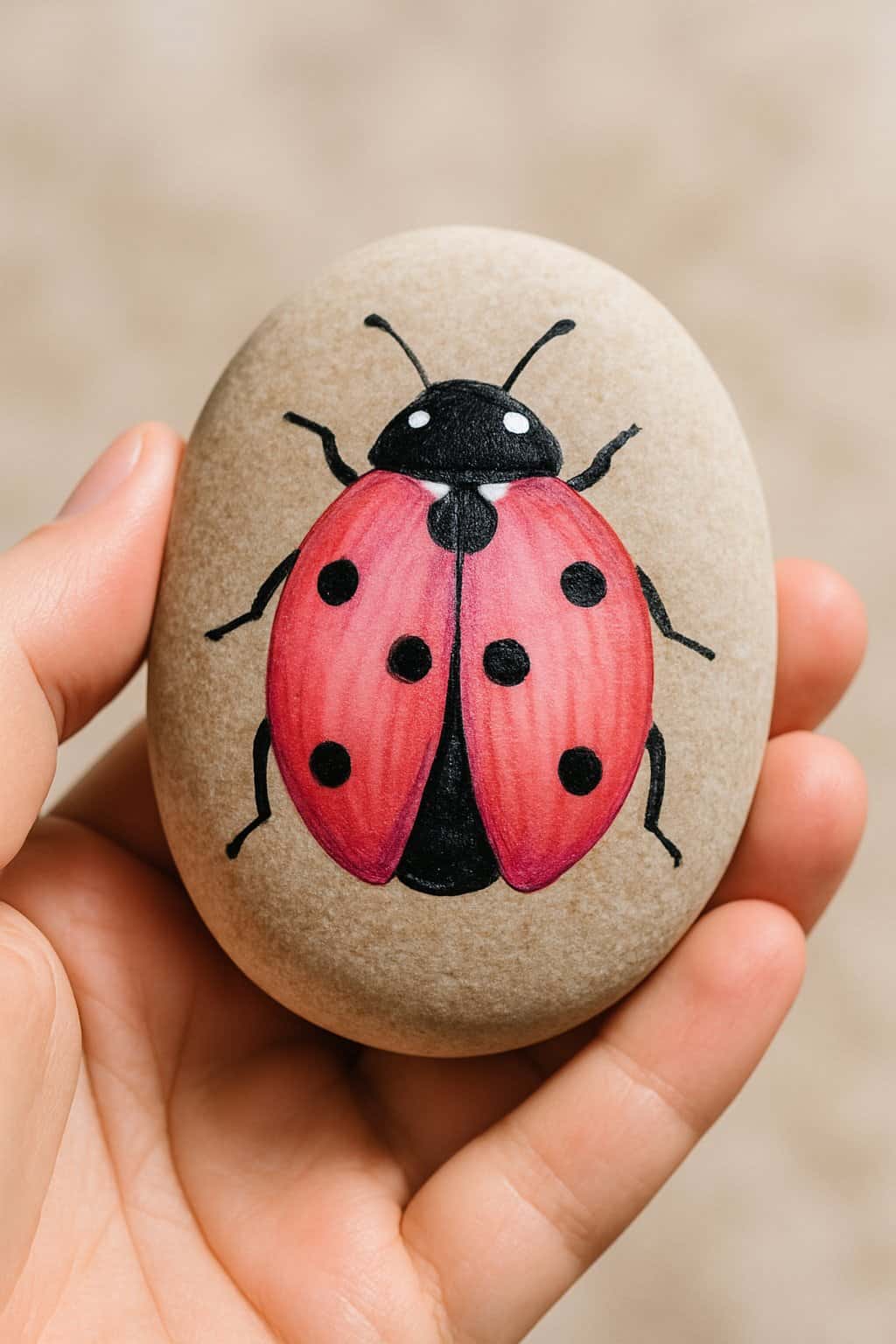 A hand holding a smooth river rock painted with a ladybug that has pink and red gradient wings.
