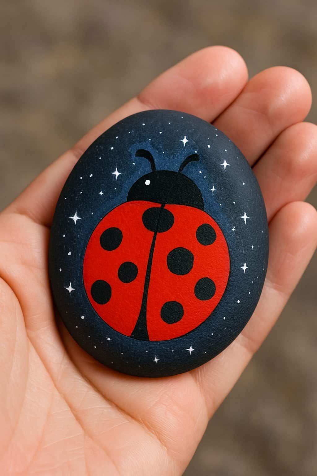 A hand holding a smooth river rock painted with a red ladybug and a starry night background.