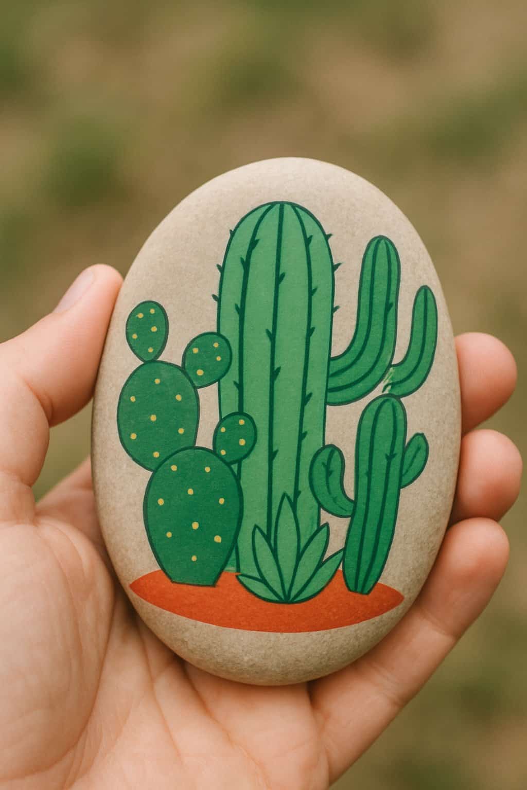 A hand holding a smooth river rock painted with a simple cactus design.