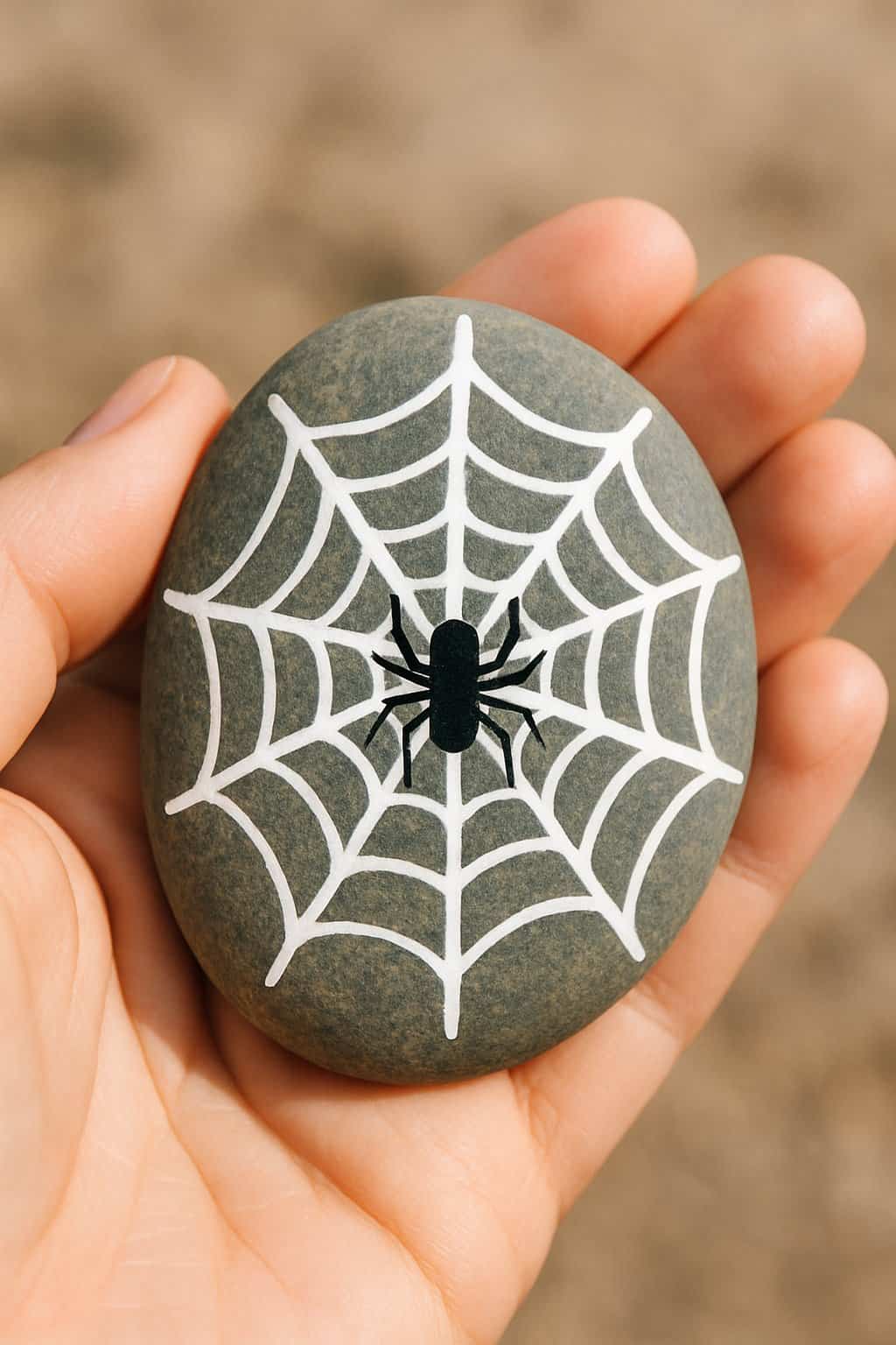 A hand holding a smooth river rock painted with a simple spider web and spider design.