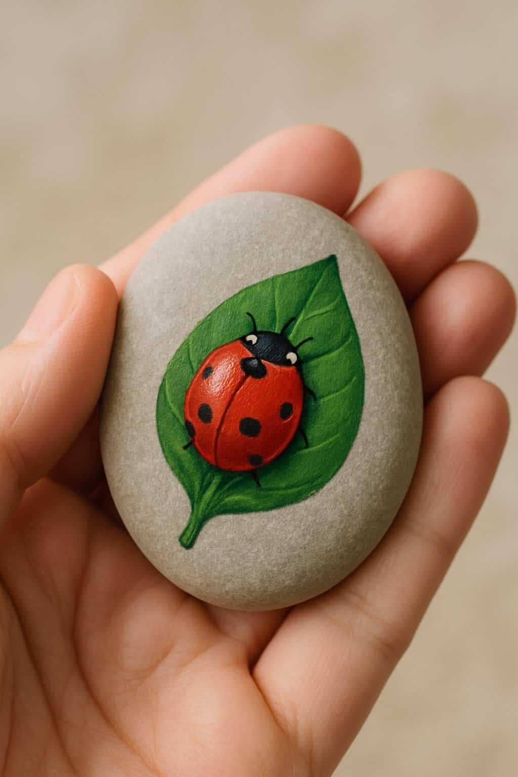 A hand holding a smooth river rock painted with a small ladybug sitting on a green leaf.