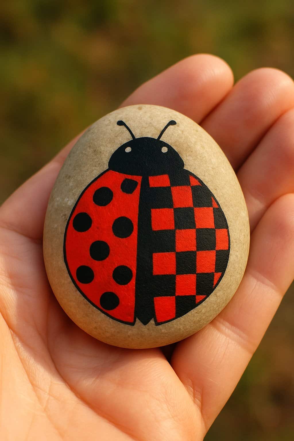 A hand holding a smooth river rock painted with a ladybug featuring a chessboard pattern on its wings.
