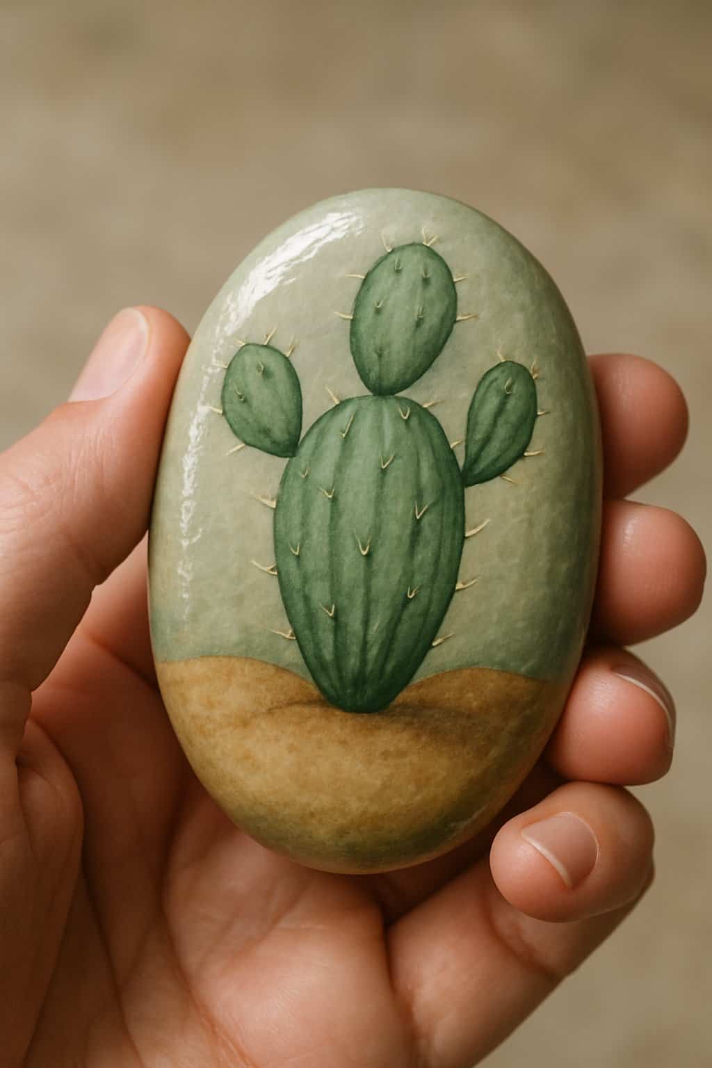 A hand holding a smooth river rock painted with a simple cactus design.