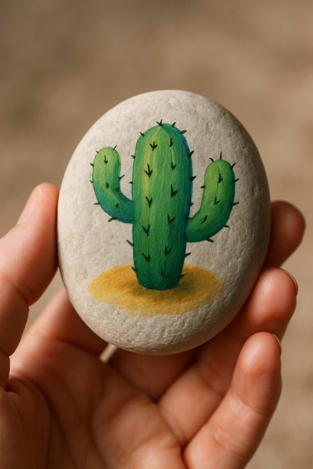 A hand holding a smooth river rock painted with a green cactus design.