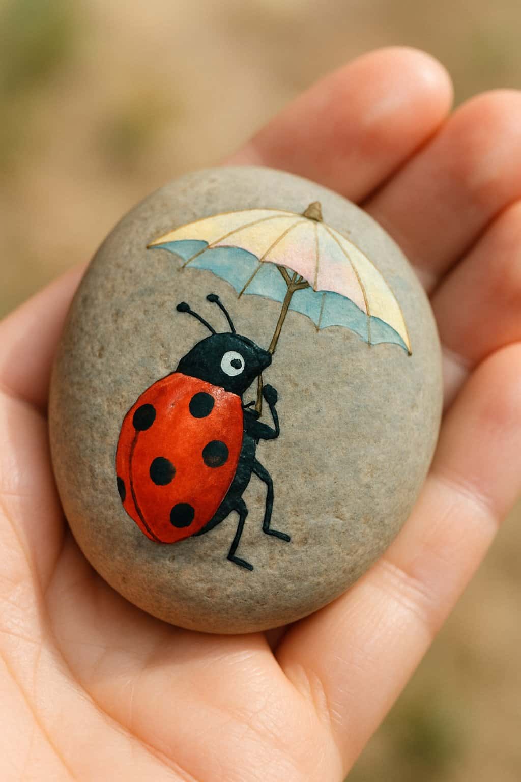 A hand holding a smooth river rock painted with a ladybug holding a parasol.