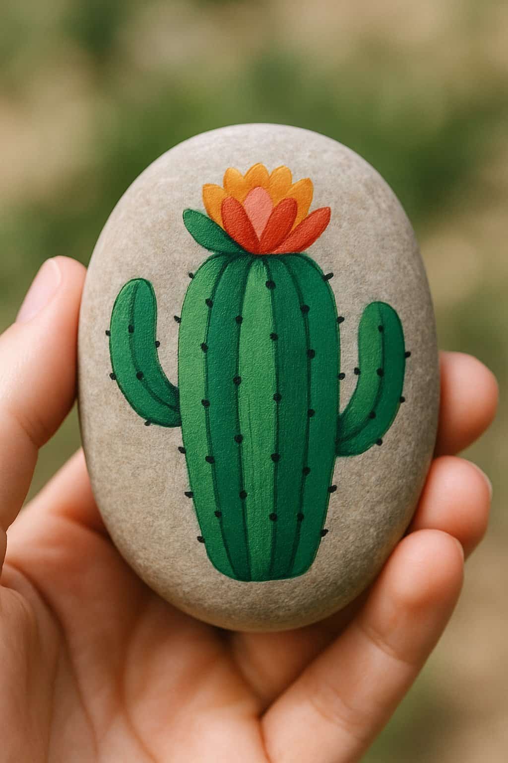 A hand holding a smooth river rock painted with a cactus and layered flowers.