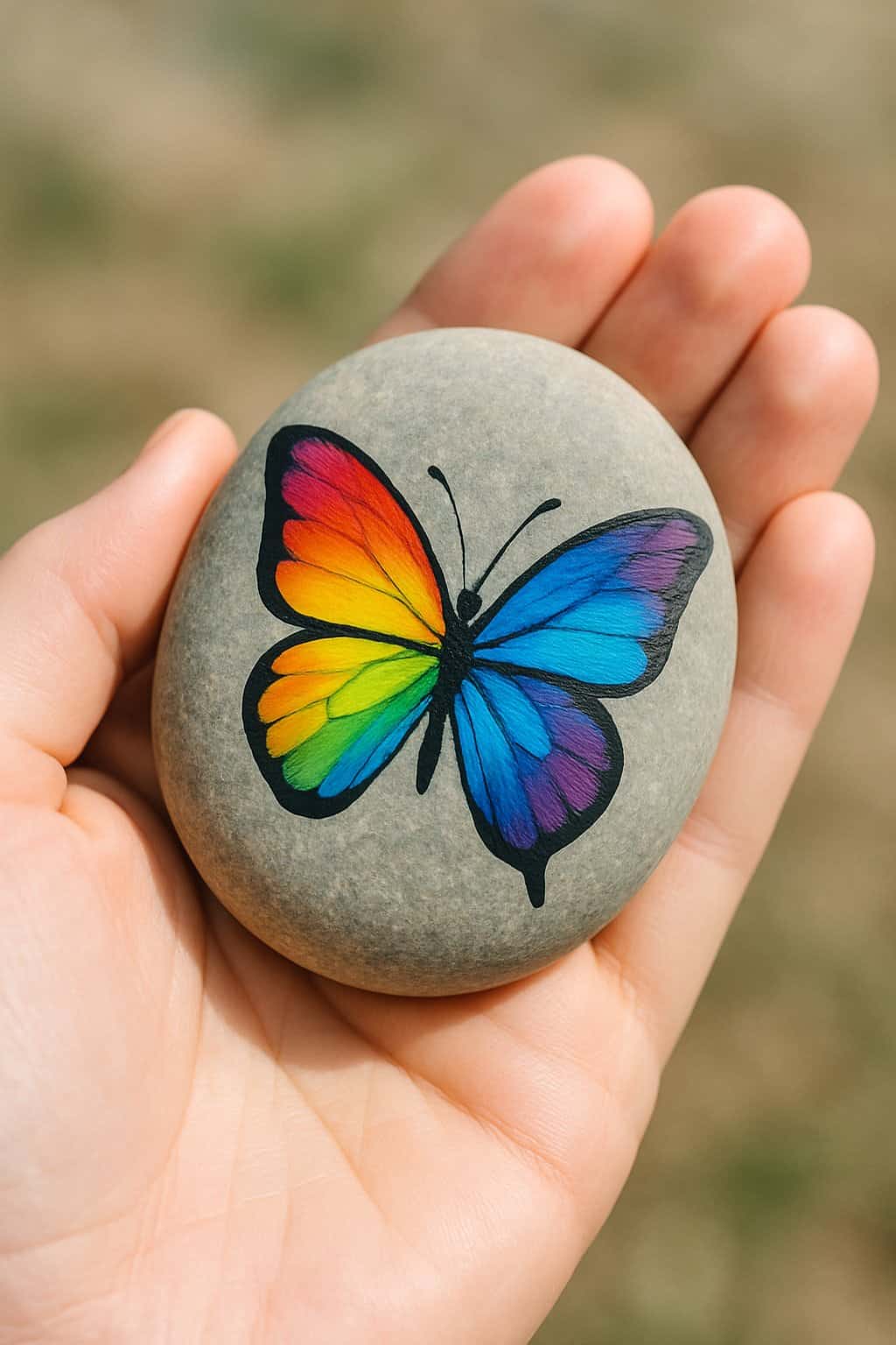 A hand holding a smooth river rock painted with a colorful butterfly design.