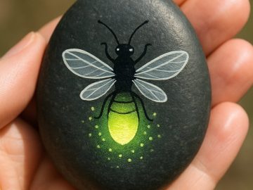 A hand holds a smooth black stone painted with a firefly. The firefly’s wings are white and its glowing yellow-green tail is surrounded by tiny dots, creating the effect of illumination. The background is blurred.