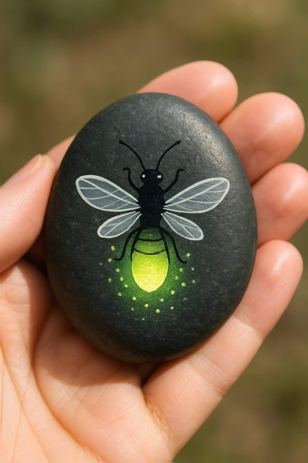 A hand holding a smooth river rock painted with a simple firefly design.