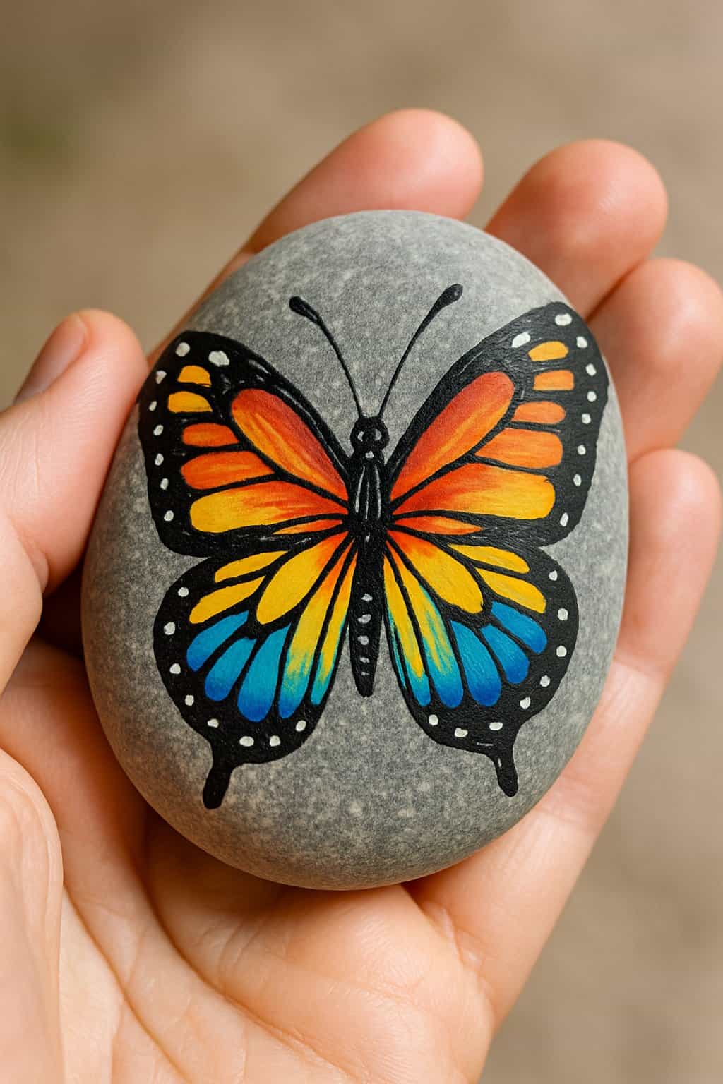 A hand holding a smooth river rock painted with a colorful butterfly design.