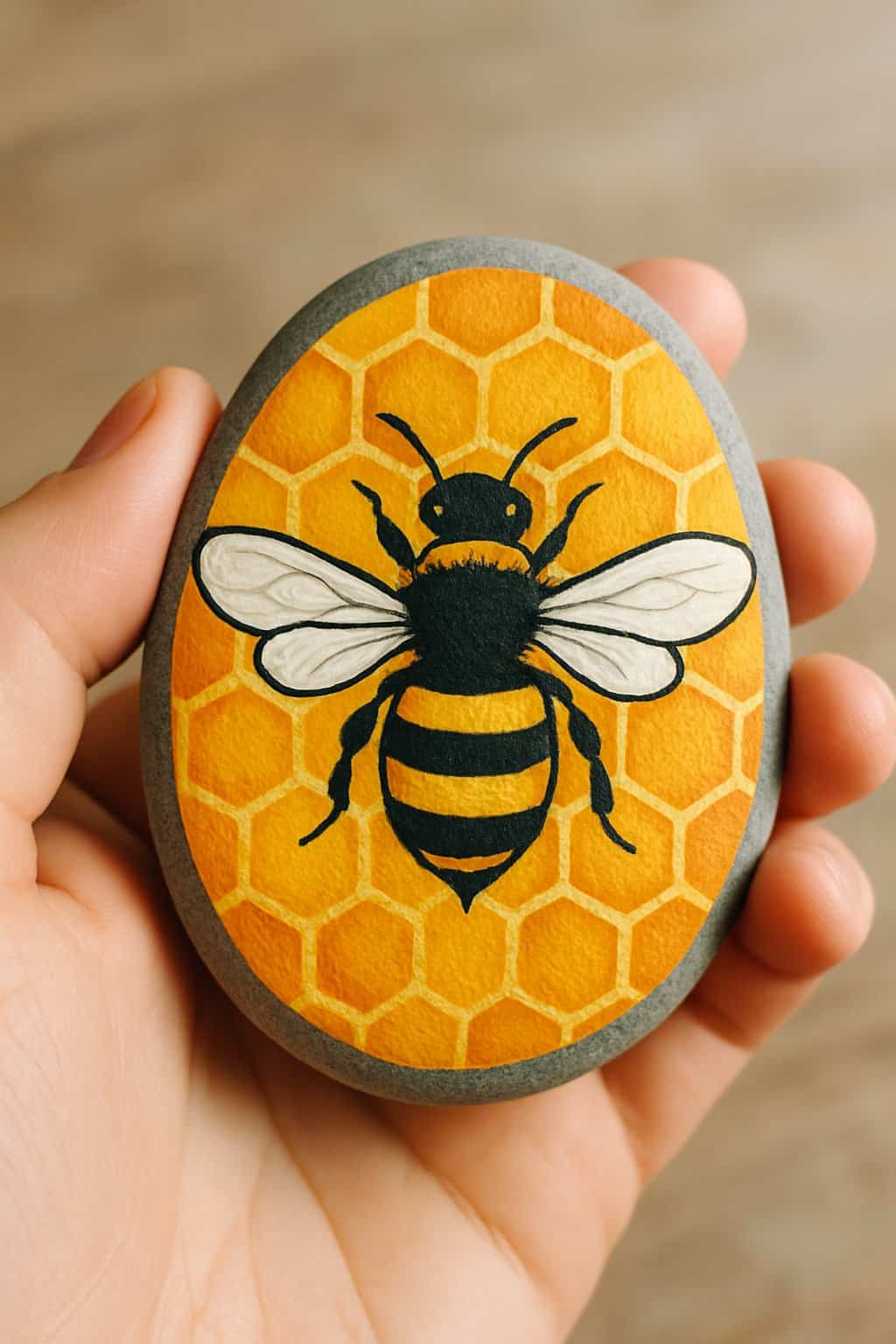 A hand holding a smooth river rock painted with a bee and honeycomb design.