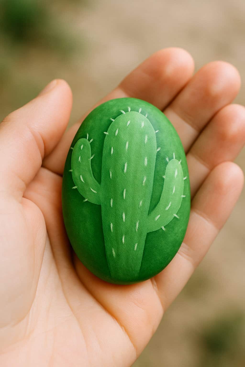 A hand holding a smooth river rock painted to look like a green cactus.