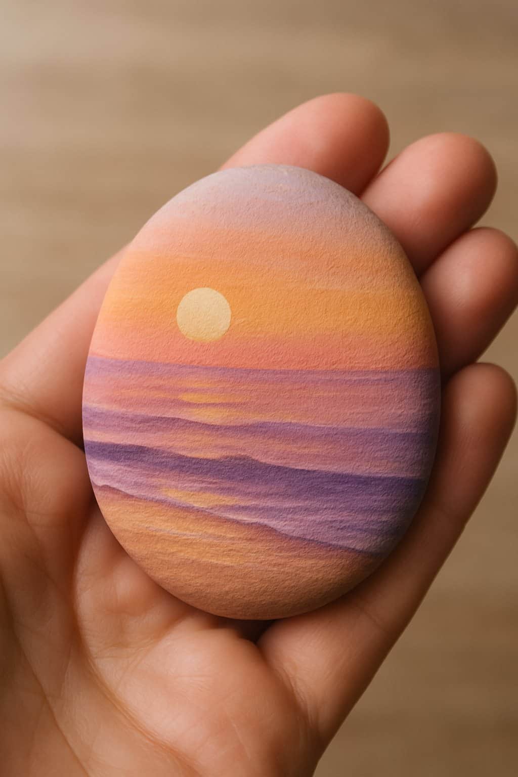 A hand holding a smooth river rock painted with warm sunset colors.