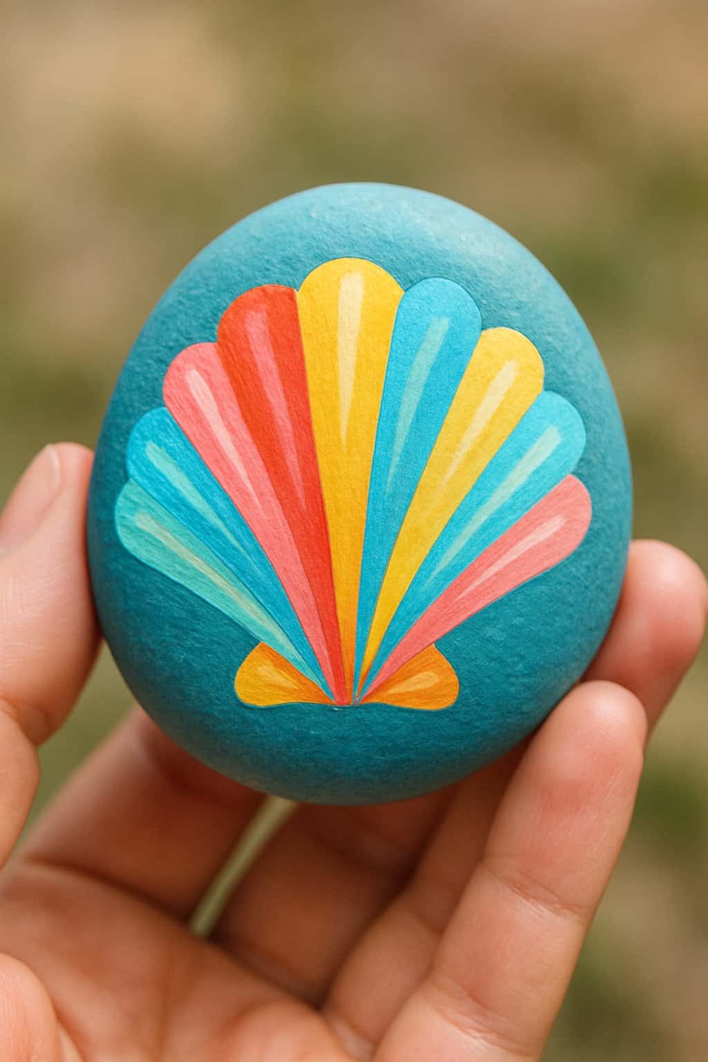 A hand holding a smooth river rock painted with a colorful seashell design.